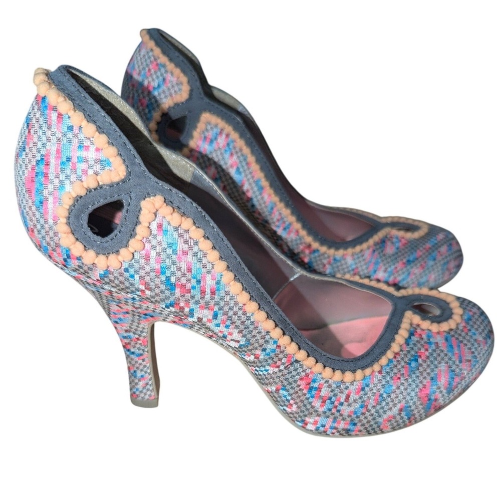 Ruby Shoo Multi‎ Color Woven Pom Pom Trim Scalloped Keyhole Stiletto Heels